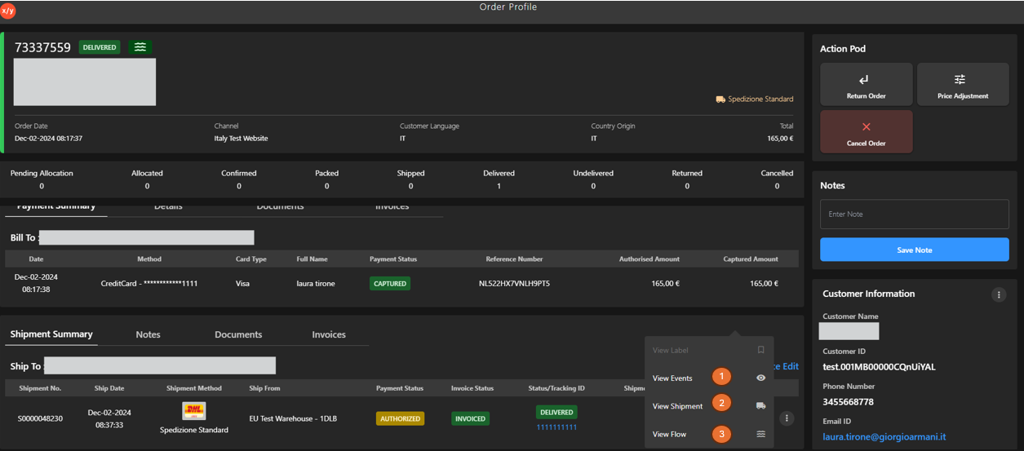 Shipment Action Menu